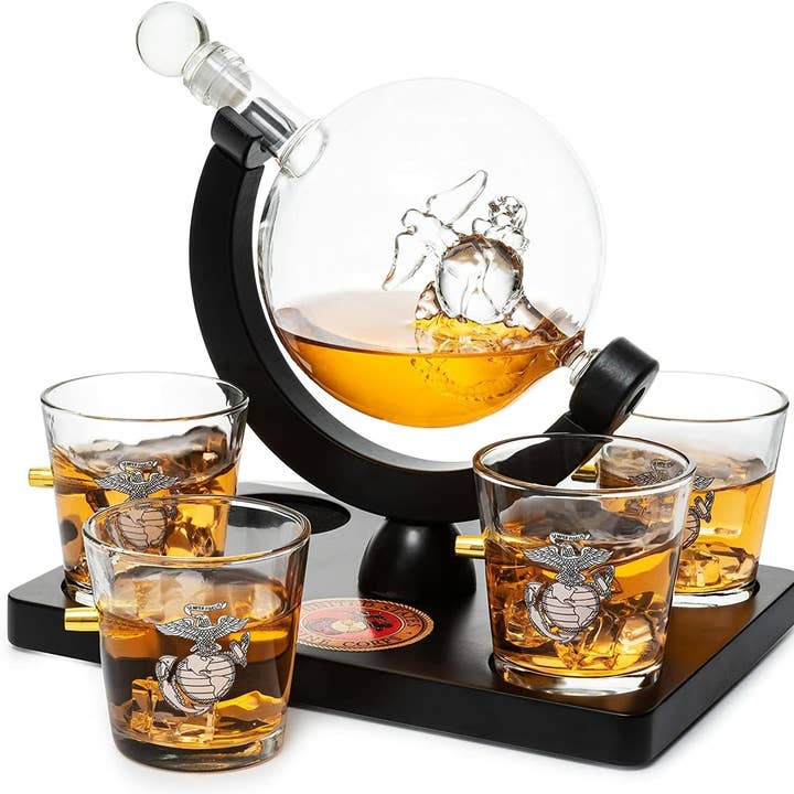 The Wine Savant / Khen Glassware - Wholesale Decanter - U.S. Marine Corpse USMC Globe Whiskey Set & 4 Glasses