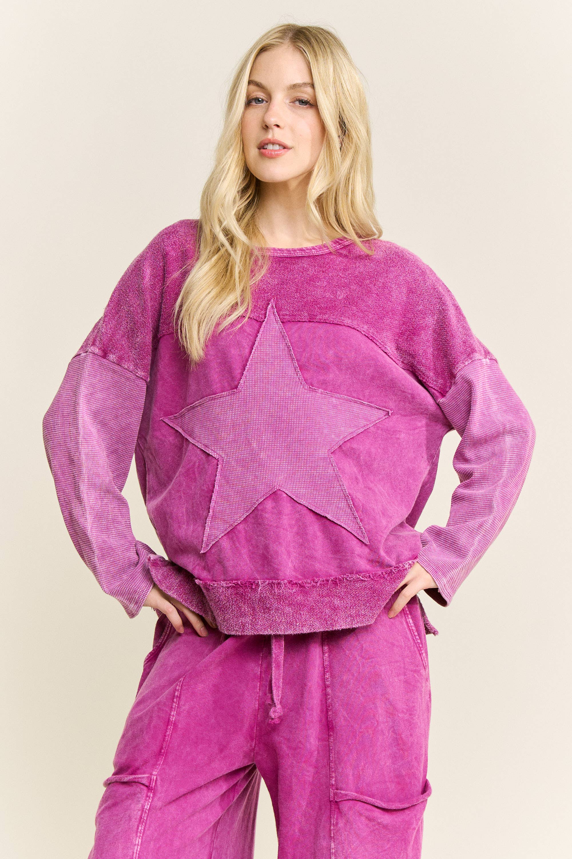 J.Her - Wholesale Sweatshirt - Women's - MineralWashed Star Terry Thermal Sweatshirt top HT66471