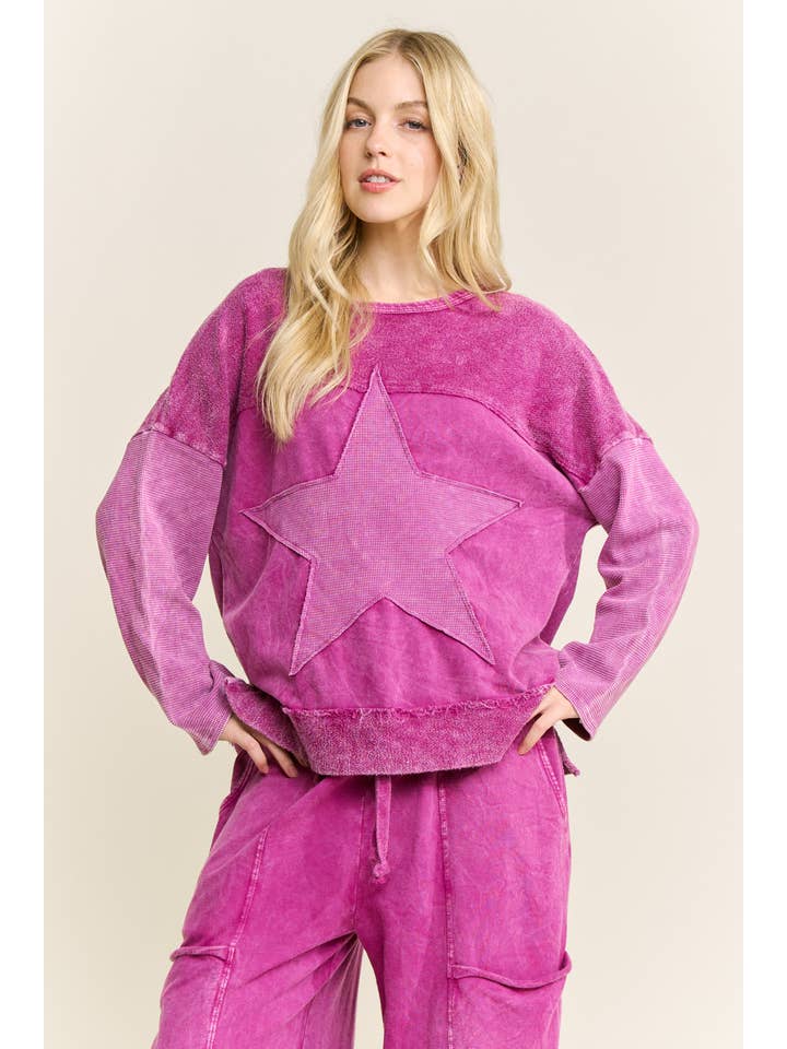 J.Her - Wholesale Sweatshirt - Women's - MineralWashed Star Terry Thermal Sweatshirt top HT66471