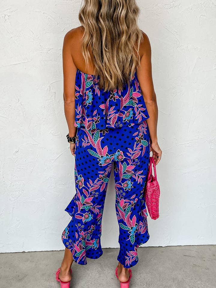Blue Tropical Strapless Ruffle Jumpsuit for wholesale on Faire