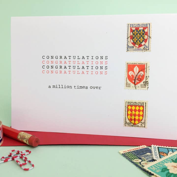 Biglietto di auguri con la scritta «Congratulations a million times over» per la vendita all'ingrosso da parte di fracas studios.