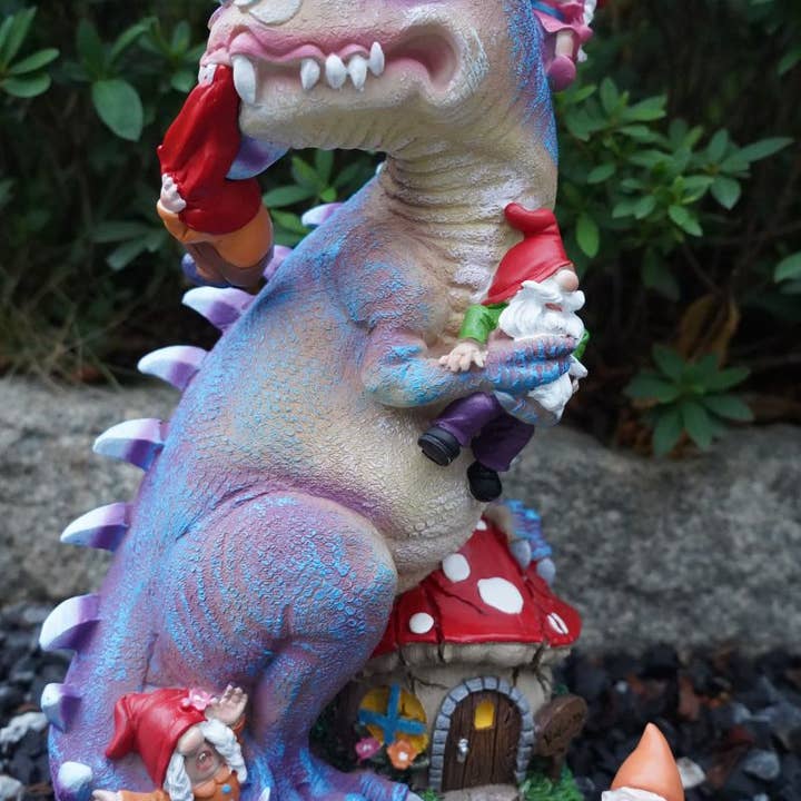 By Mark & Margot - Wholesale Garden Gnome - Dinosaur Swinging Gnomes Statue Purple with Plunger Gnome - BY MARK & MARGOT - FREE SHIPPING!