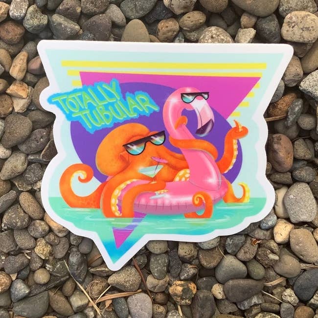 Sticker - Fun 90s Summer Octopus in a Flamingo Floaty for wholesale by Thruhalia's Art