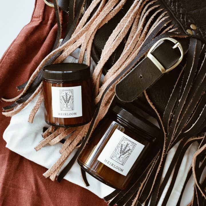 Heirloom 3.4oz Small Fine Fragrance Holiday Amber Jar Candle for wholesale by Herland Home