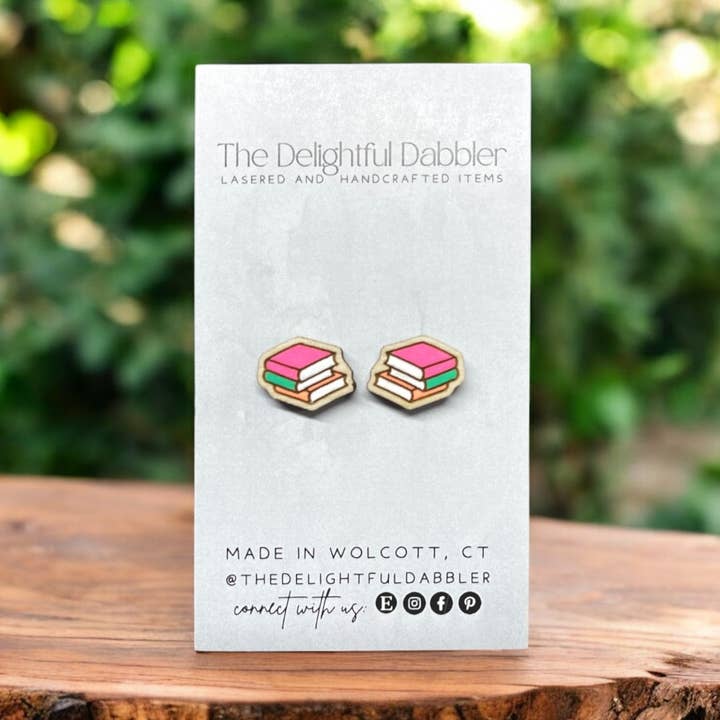 Hand Painted Book Stack Wood Stud Earrings – Bookworm Gift for wholesale by The Delightful Dabbler LLC