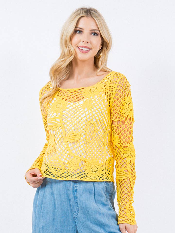 4131-LBT Crop-over gehaakte trui met bloemenpatroon - ongevoerd voor wholesale door Paparazzi