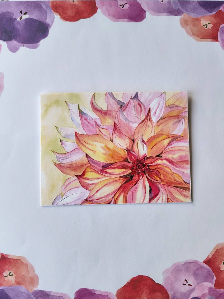 Biglietto di Auguri con Dalia Rosa| Biglietto Floreale| Biglietto Generico per la vendita all'ingrosso da parte di Artcolorworks