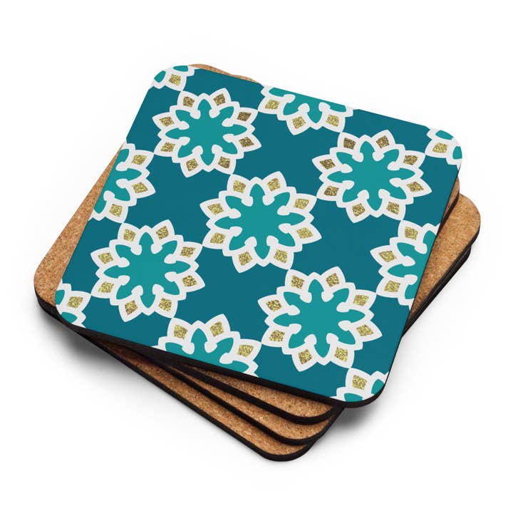 Arabesque flowers in Aqua and gold Cork-back coaster for wholesale by The Shamal