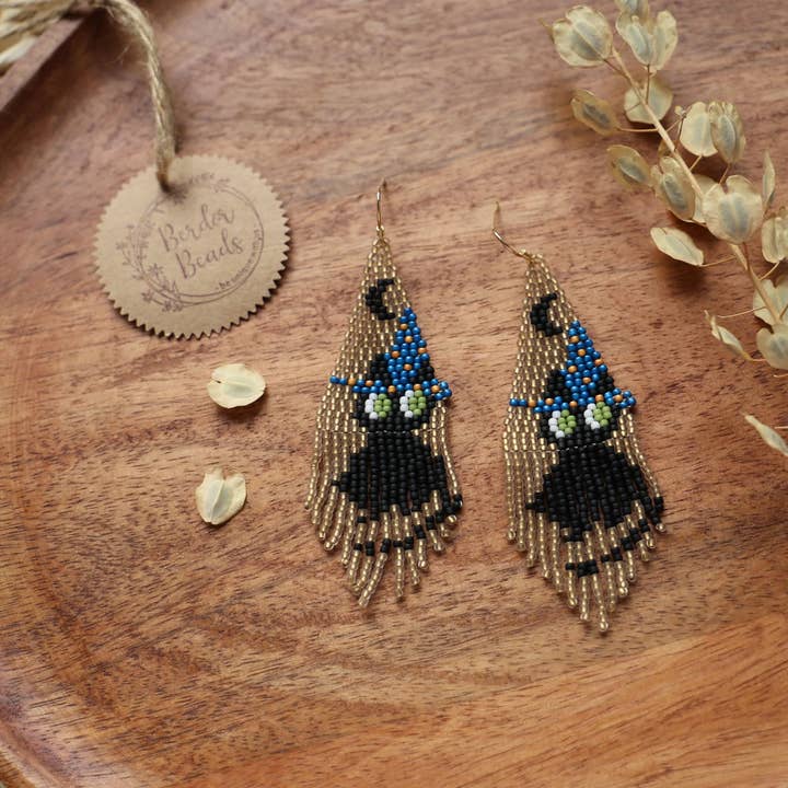 BerdorBeads - Wholesale Dangle Earrings - Witch cat-handwoven beaded fringe earrings,sparkly,halloween2