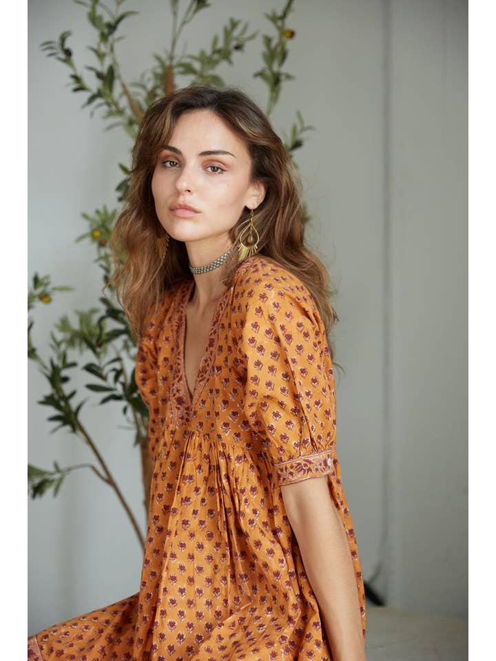 The Fox and The Mermaid - Wholesale Dress - Women's - Block Printed Cotton Mini-Dress (Maile Dress- Cayenne)