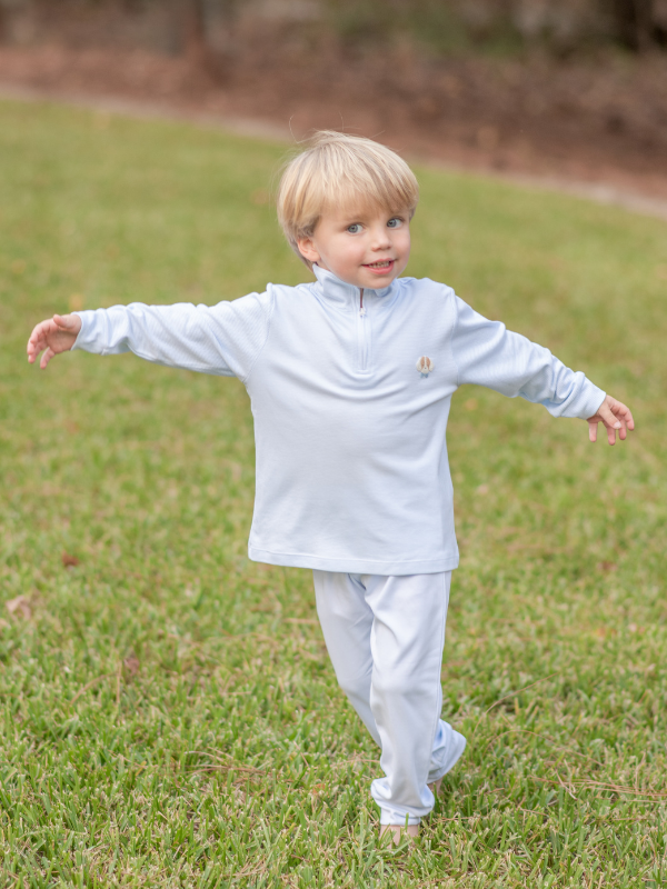 Spotted Puppy Half Zip Baby Pullover Set | Lt Blue Mini Stripe for wholesale on Faire1