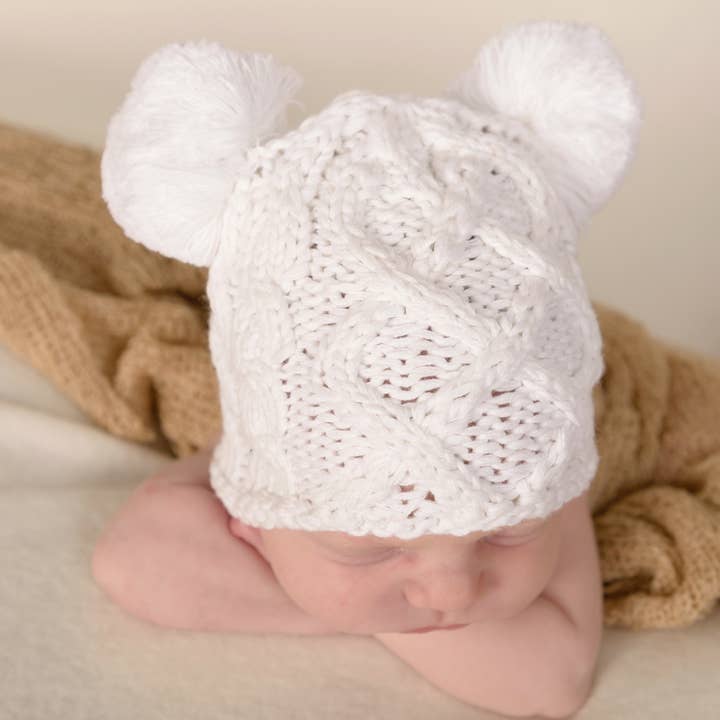 Huggalugs - Wholesale Newborn/Knit Hat - Baby - Newborn Baby Aran White Double Pom Pom Beanie Hat