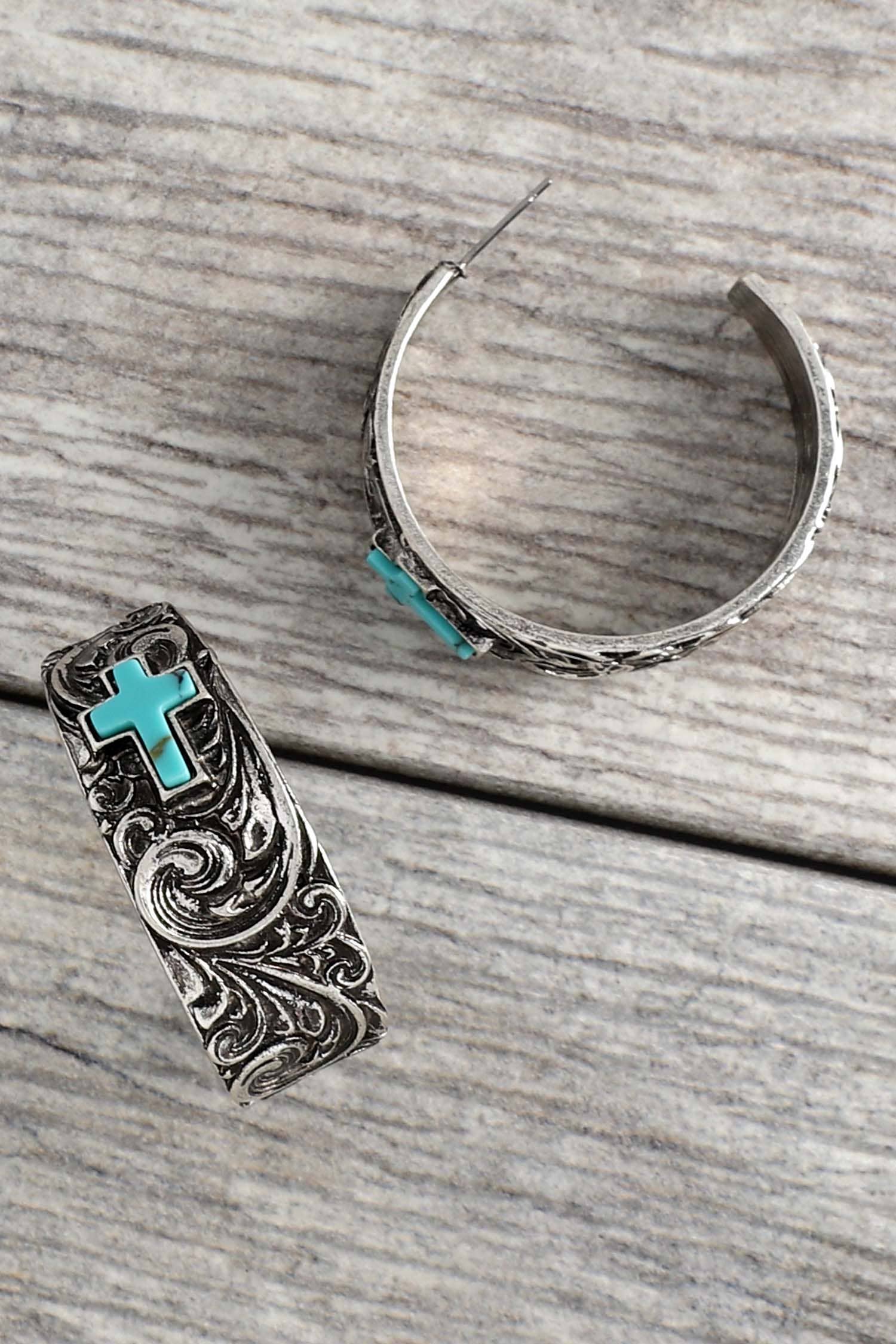 SP Sophia Collection - Wholesale Hoop Earrings - Western Turquoise Cross Filigree Hoop Earrings 1