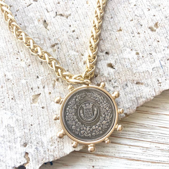 VB&CO Designs Handmade Jewelry - Wholesale Pendant/Charm Necklace - Matte gold horse French Bee coin necklace boutique