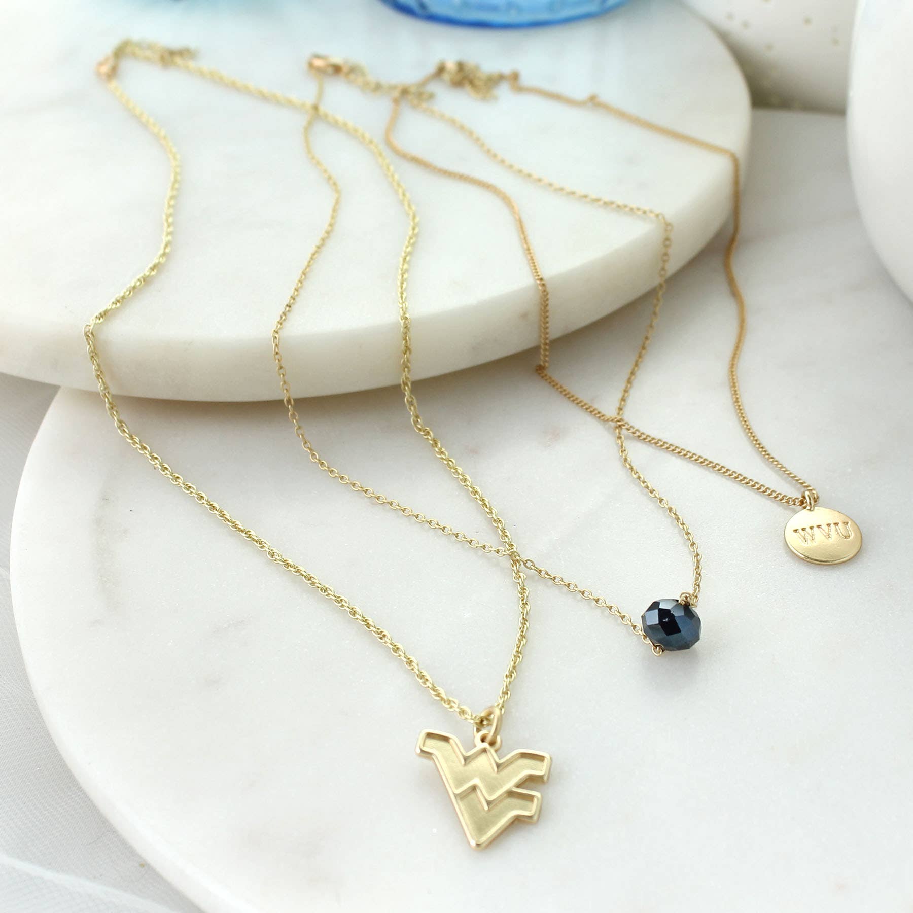 Seasons Jewelry - Wholesale Jewelry Set - 16" - 20" West Virginia Matte Gold Logo Trio Necklace Set | Three Separate Clasps | Wear Together or Separate!1