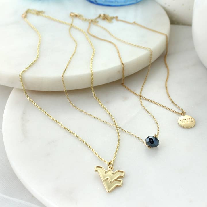 Seasons Jewelry - Wholesale Jewelry Set - 16" - 20" West Virginia Matte Gold Logo Trio Necklace Set | Three Separate Clasps | Wear Together or Separate!1
