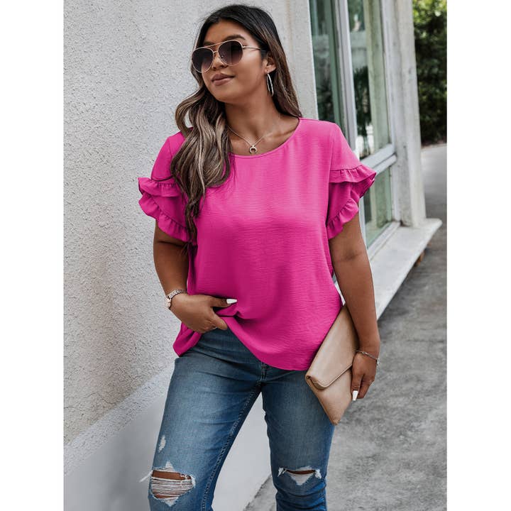 FUCHSIA Plus Size Round Neck Ruffle Solid Loose Shirt for wholesale on Faire