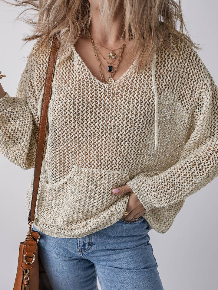 Hollow-out Kangaroo Pocket V Neck Hooded Sweater for wholesale by 1 the Woman