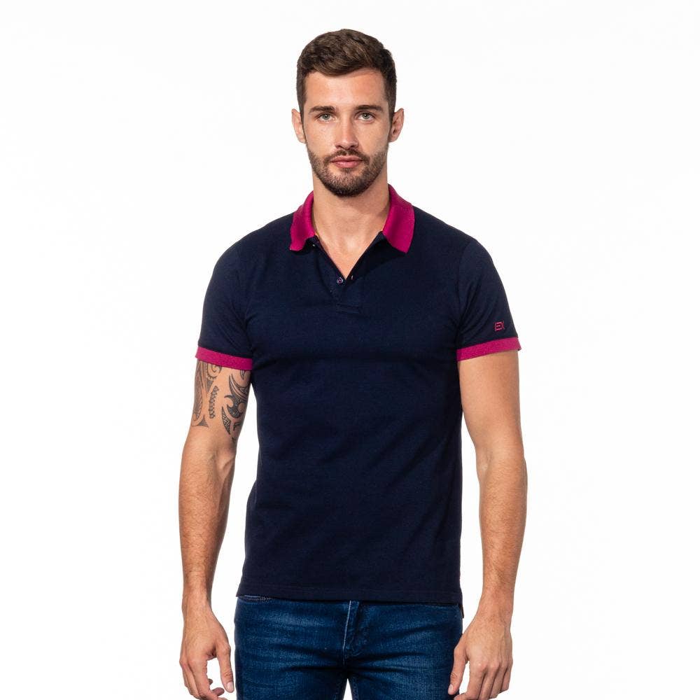 EIGHT X – Polo - Homem por atacado – Polo azul marinho com gola dupla face com estampa de grade amarela e fúcsia2