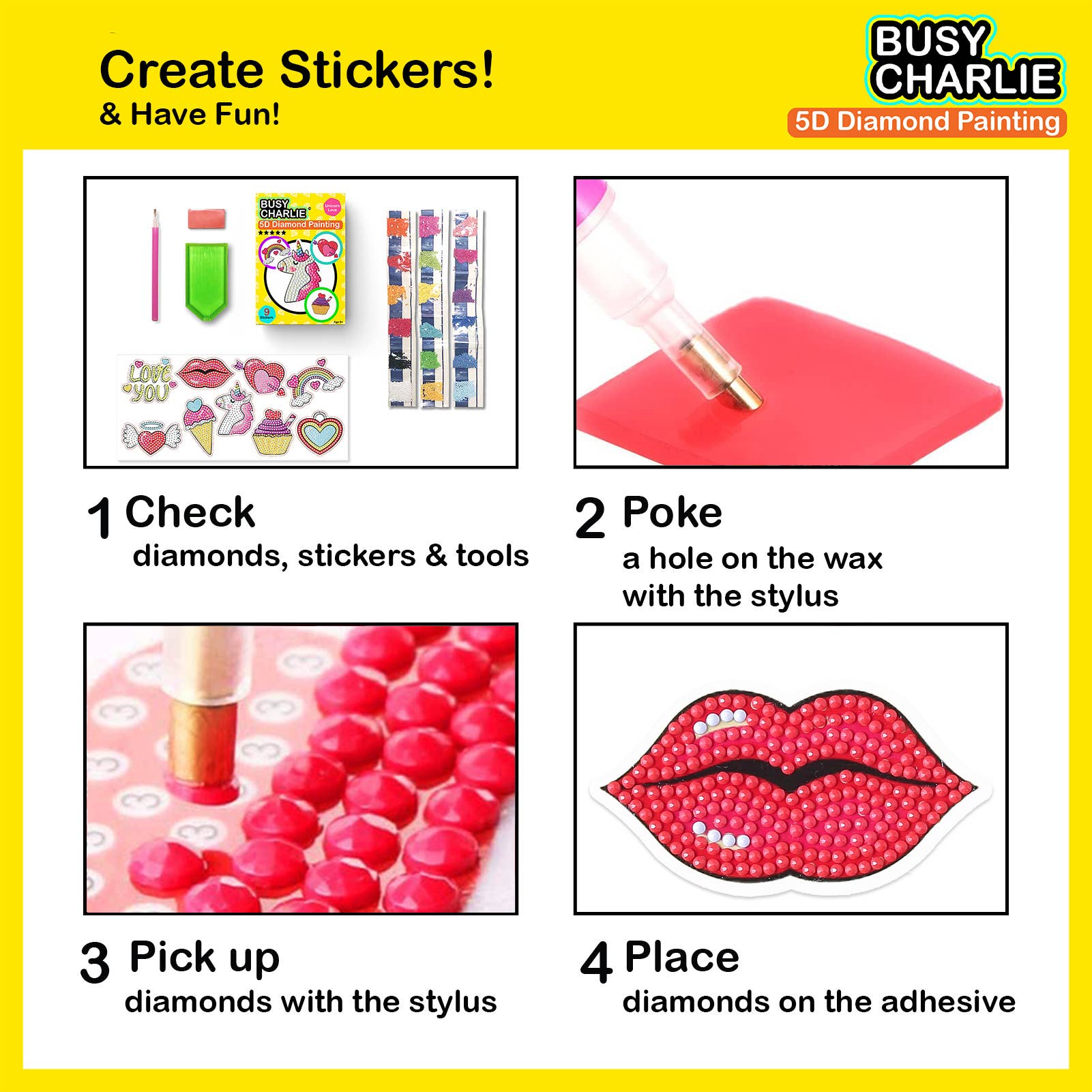 Busy Charlie LLC – Kit de artesanato DIY - Criança por atacado – Kit de pintura de diamante 5D para crianças - Unicorn Love3