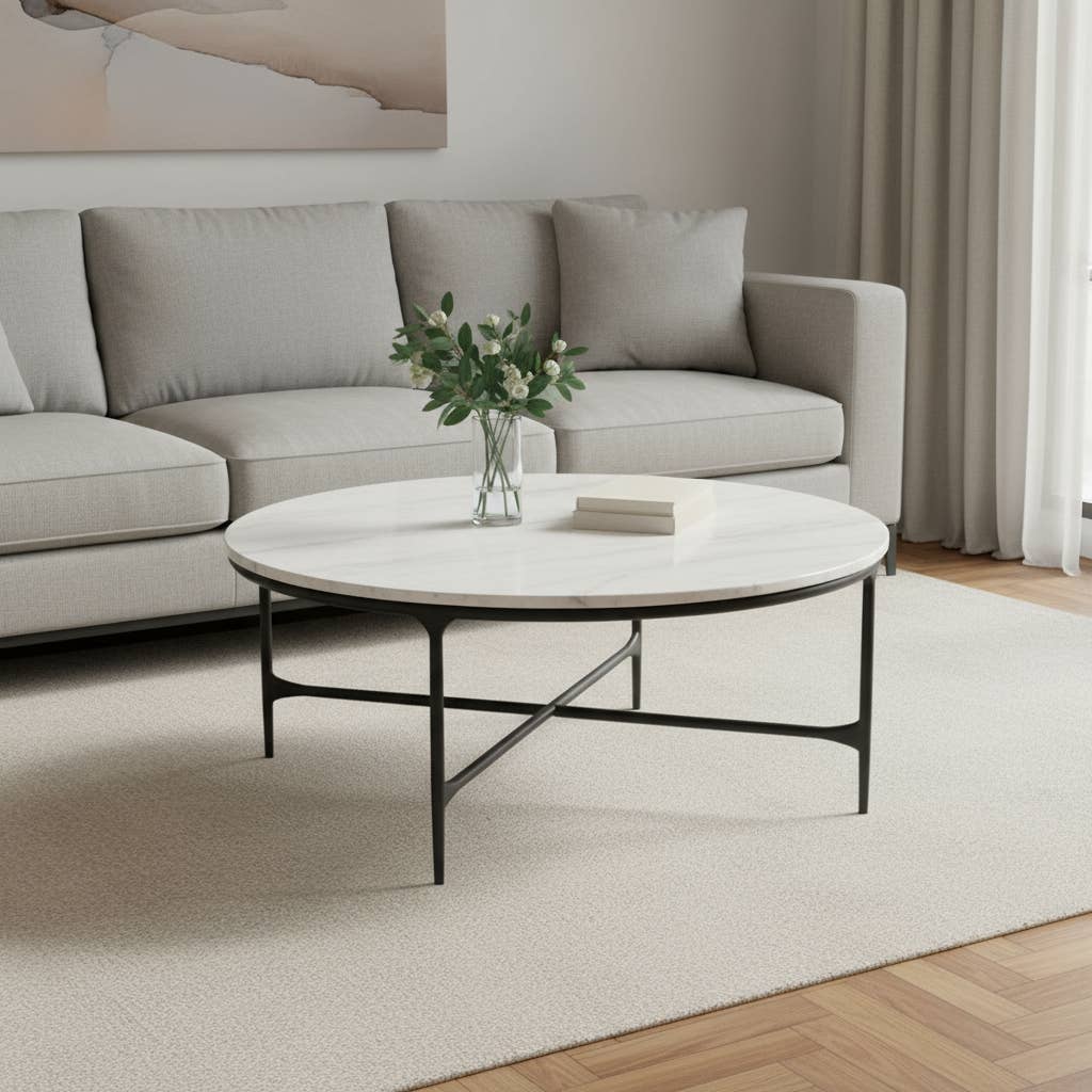 HomeRoots - Wholesale Coffee Table - 55" White and Black Genuine Marble and Iron Round Cross Legs Coffee Table1