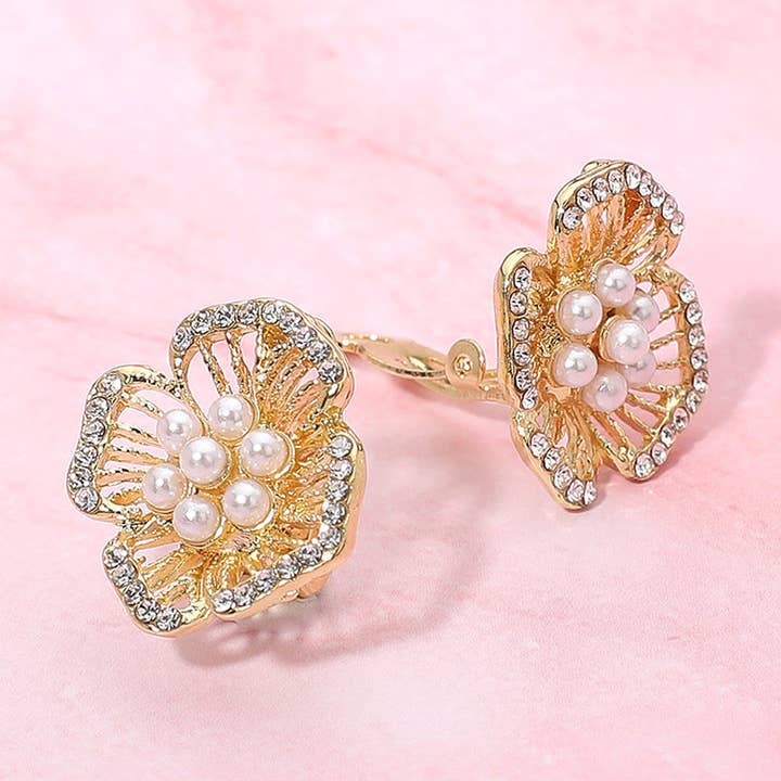 Rhinestone PAved Rim Open Petal Pearl Cluster Evening Clip On Earrings for wholesale by Sensibling Corp.