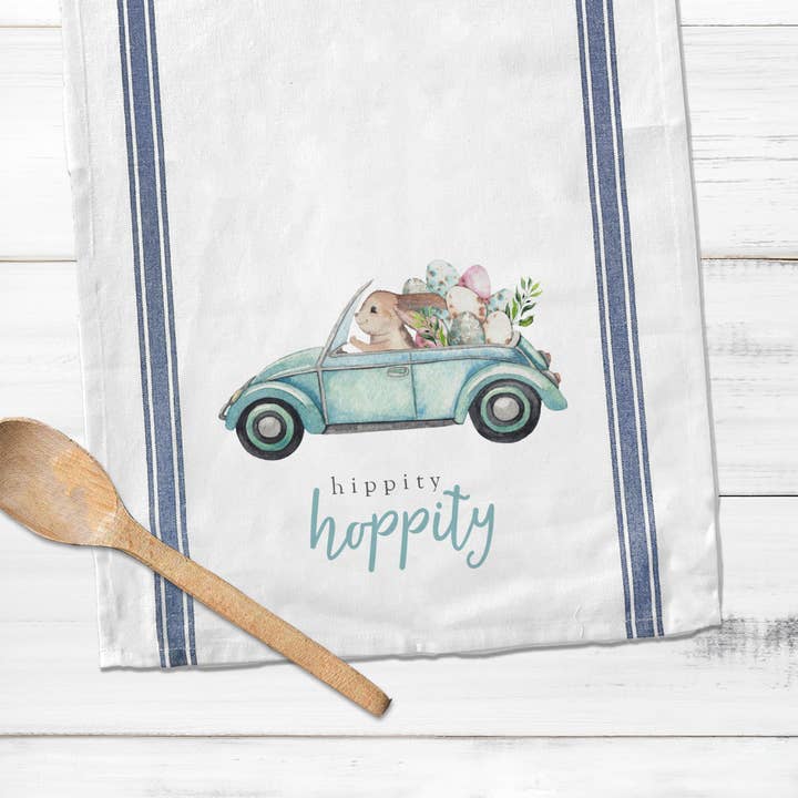 Easter cotton tea towel | hippity hoppity easter kitchen dish towel | decorative easter striped decorative spring tea towel for wholesale by ZA Handmade Wholesale