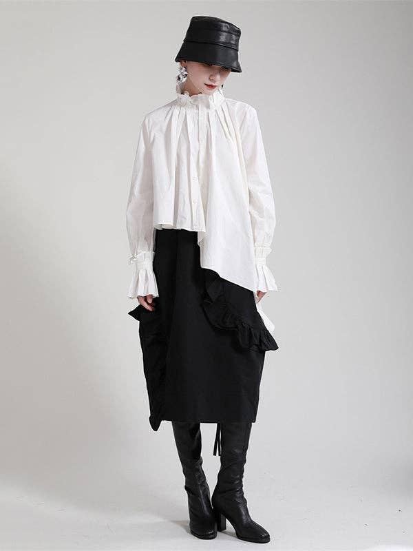 WHITE Original Stylish Irregular Pleated Buttoned Stand Collar Long Sleeves Blouse for wholesale on Faire4