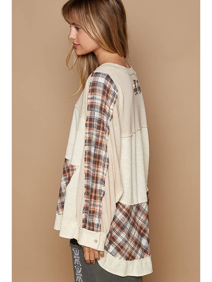 Pol Clothing - Vente Haut en maille – femme - Top en maille à carreaux à manches longues et col rond EN SOLDE