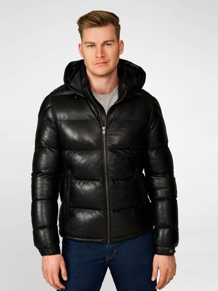 Giacca trapuntata in pelle da uomo Vince con cappuccio - Pelle di agnello Nappa per la vendita all'ingrosso da parte di Ricano