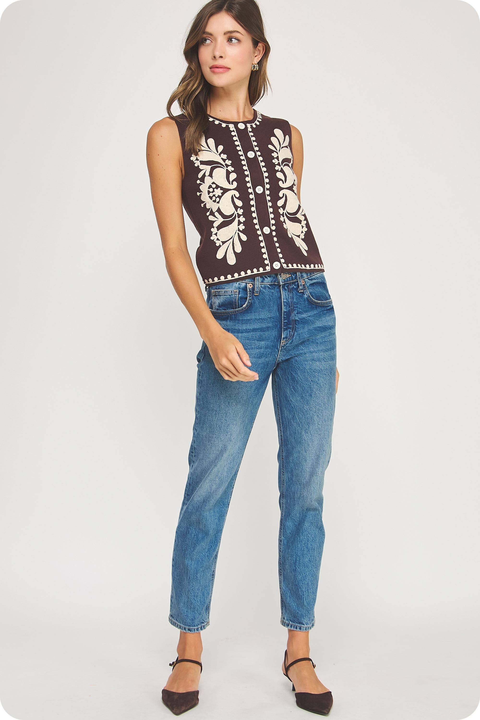 Strut & Bolt - Venta al por mayor Chaleco de abrigo - Mujer - Top sin mangas de punto con bordado floral14