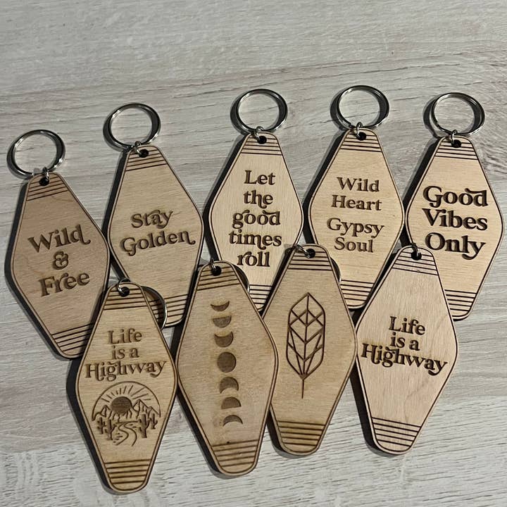 Boho Style Word Hotel Wood Engraved Keychain for wholesale by Feather and Birch