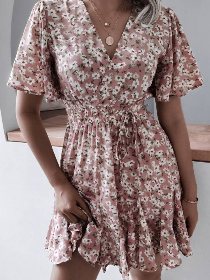 NINEXIS - Wholesale Dress - Women's - CWDSD4717_V-NECK FLORAL RUFFLED PLEATED DRESS SHORT