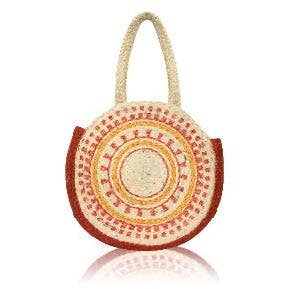 Fourre-tout rond en jute pur à motifs orange, rouge et jaune pour femmes pour la vente par Chloe & Lex