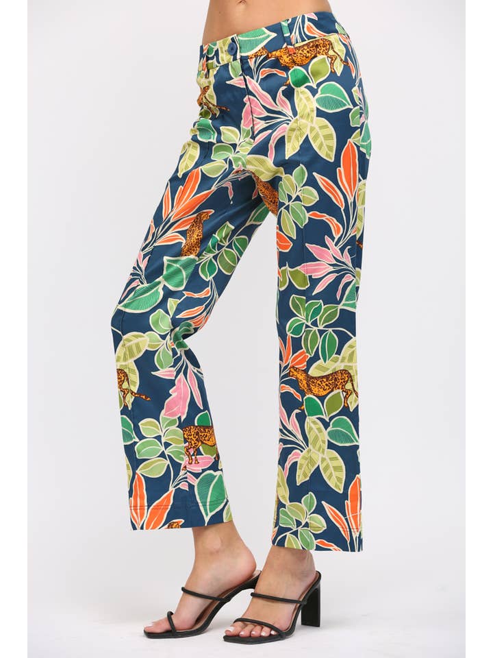 NAVY MULTI TROPICAL PRINT PINTUCK FLARE PANTS FP60025 for wholesale on Faire