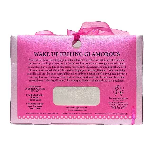 Morning Glamour – wholesale Örngott – Rosa opalescent presentask med rosett - QN/STD satinkuddfodral26