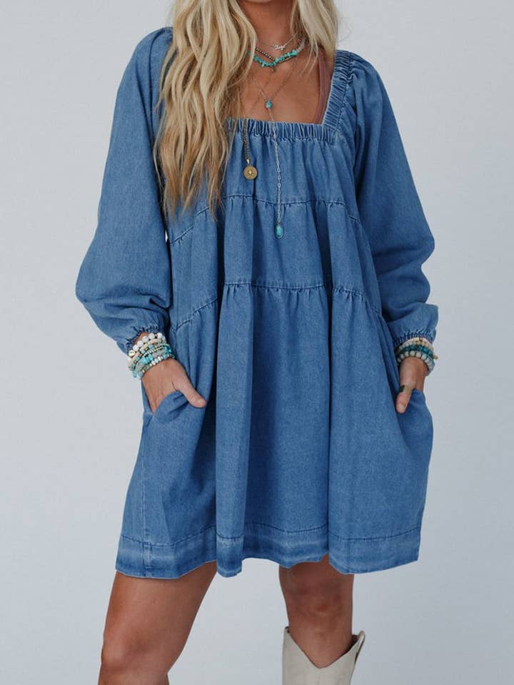 Dusk Blue Square Neck Denim Mini Dress with Side Pockets for wholesale on Faire12