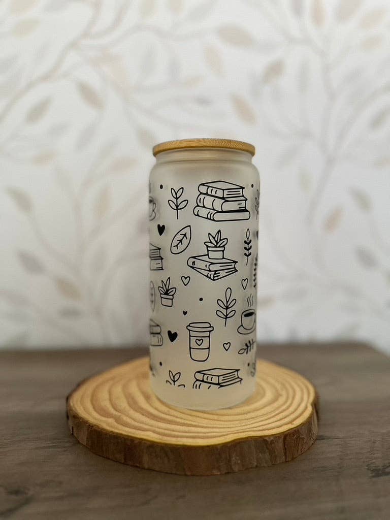 SKS Design Studio - Wholesale Drinking Glass/Cup - Books & Coffee | UVDTF | 20 oz Libbey Can Glass with Bamboo Lid & Straw2