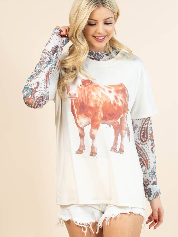 AV1205-LOREN COW GRAPHIC SHORT SLEEVE T-SHIRT for wholesale by Avery