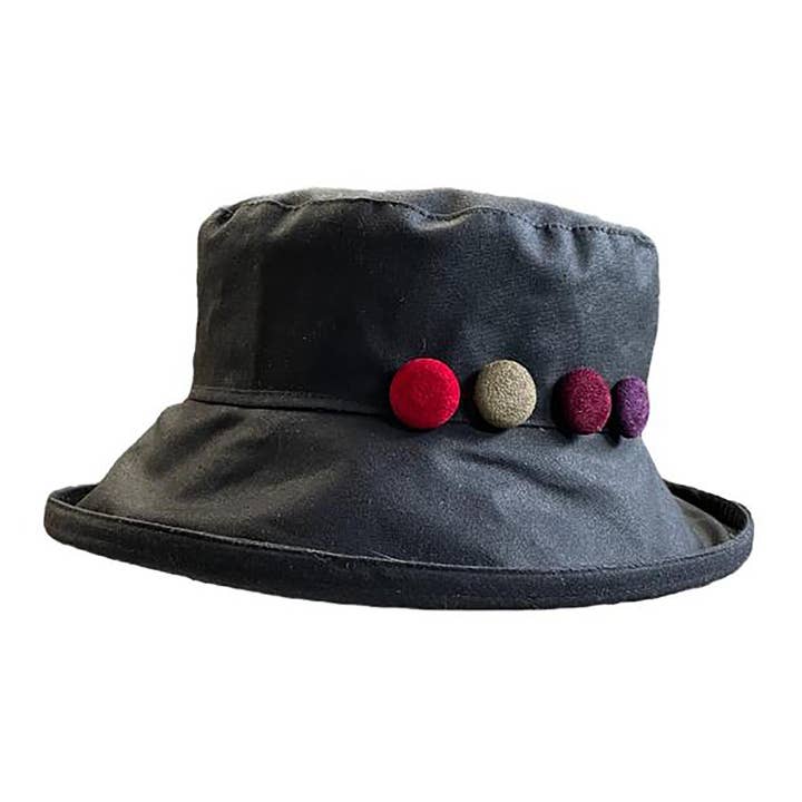 Chic Black Waxed Waterproof Rainhat, Button Trim, CHARLOTTE for wholesale by Peak & Brim Hats