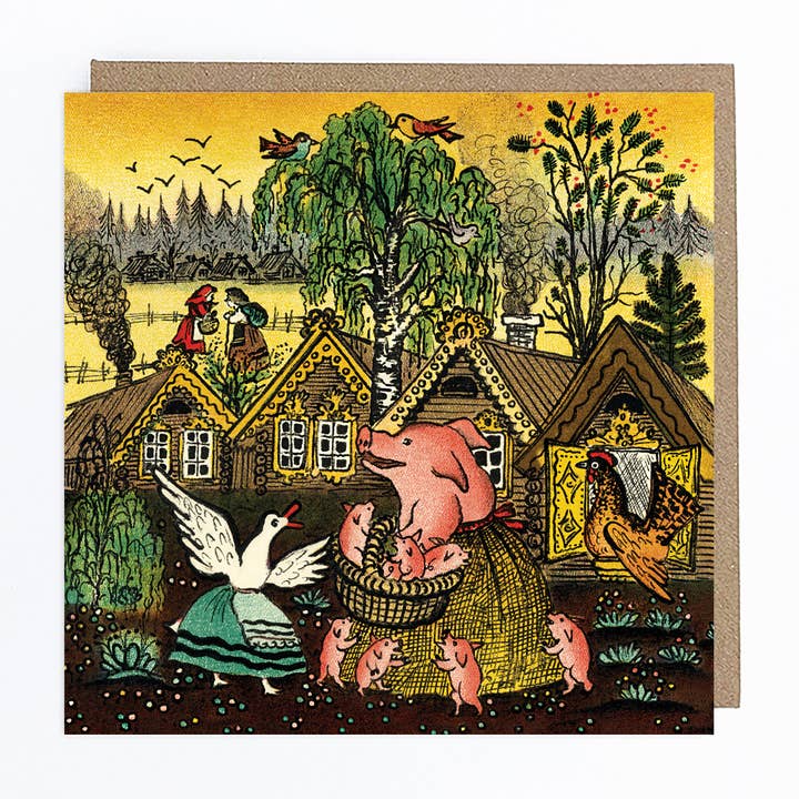 Pig and Duck Gossip Greeting Card for wholesale by Kapelki Art