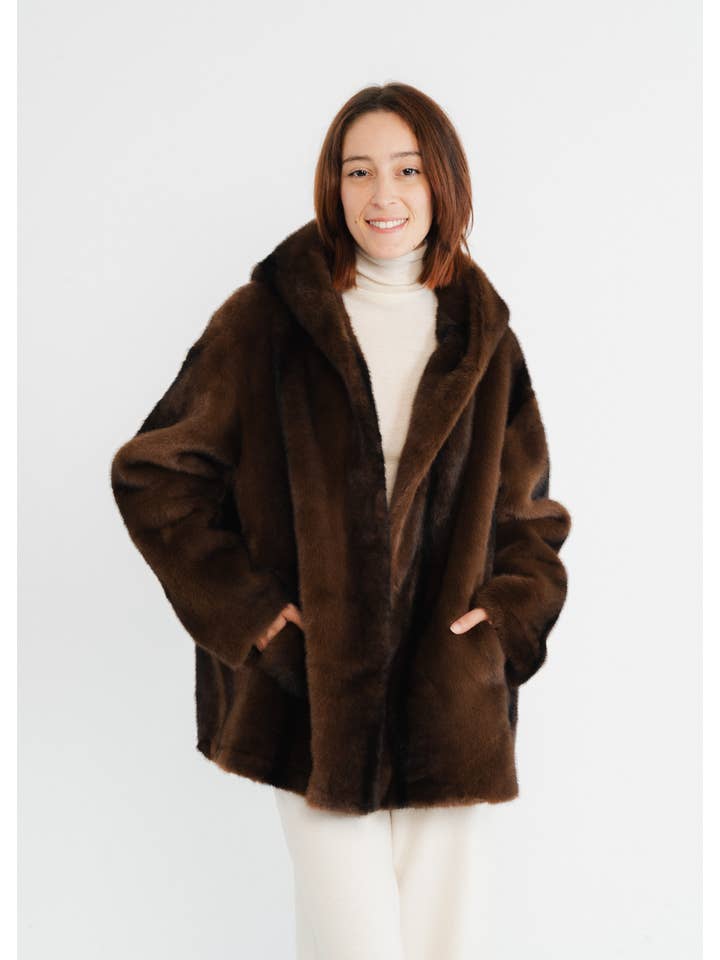 Brown Mid-length coat with faux fur hood for wholesale on Faire1