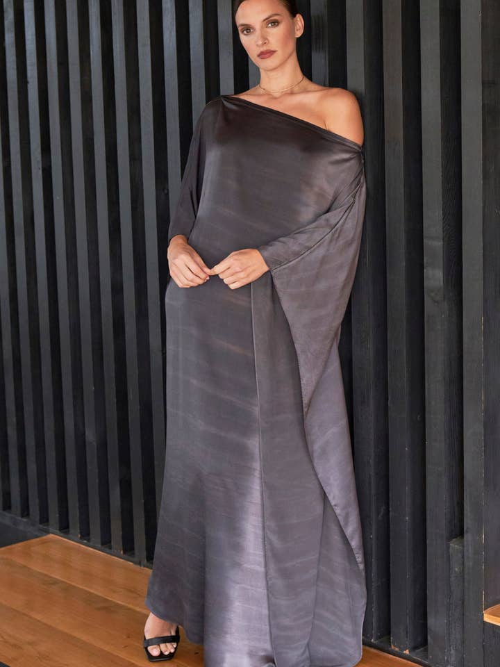 Ombre Charcoal Grey and Silver Boatneck Silk Caftan for wholesale by ocean+main