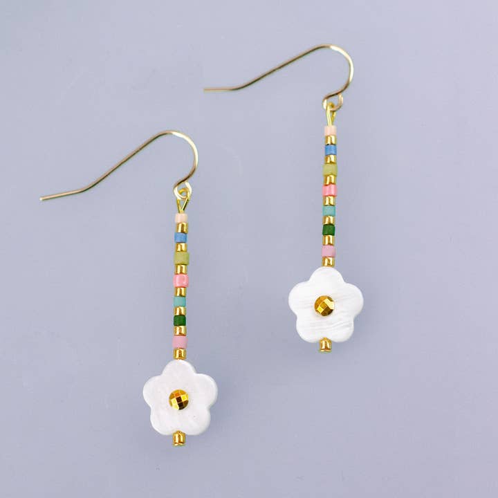 Jill Makes - Wholesale Dangle Earrings - Dainty Shell Rainbow Flower Earrings