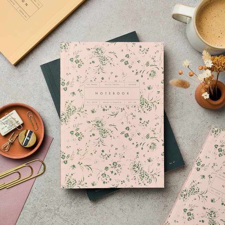 Vol 46: Pink Ruled Garden Floral Lay Flat Notebook for wholesale by Katie Leamon