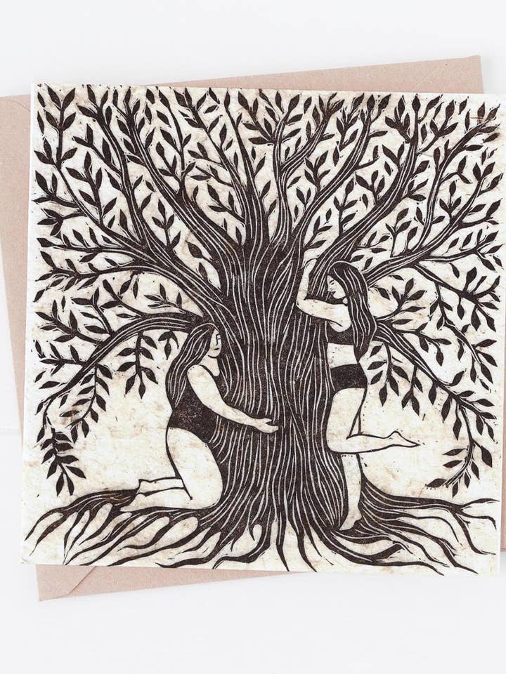 Nature Lovers card, tree hug, forest, folklore, hippy for wholesale by Prints by the Bay
