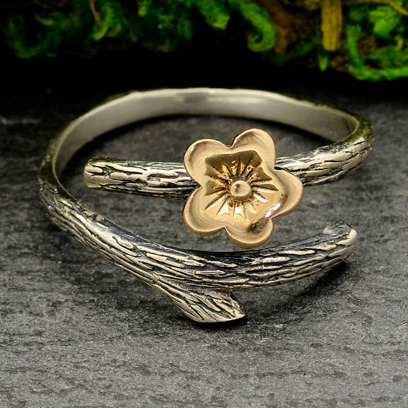 Silver Branch Ring with Bronze Cherry Blossom - Adjustable for wholesale by Nina Designs