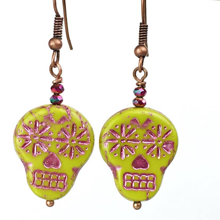 Sugar Skull Earrings, Gaspite Green with Metallic Pink Inlay for wholesale by Casa Kira