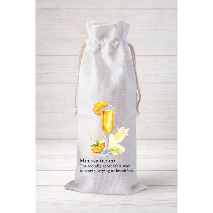 Mimosa, Wine Bottle Gift Bag – Reusable Drawstring Canvas Bag for wholesale by Moman Sales, Inc.