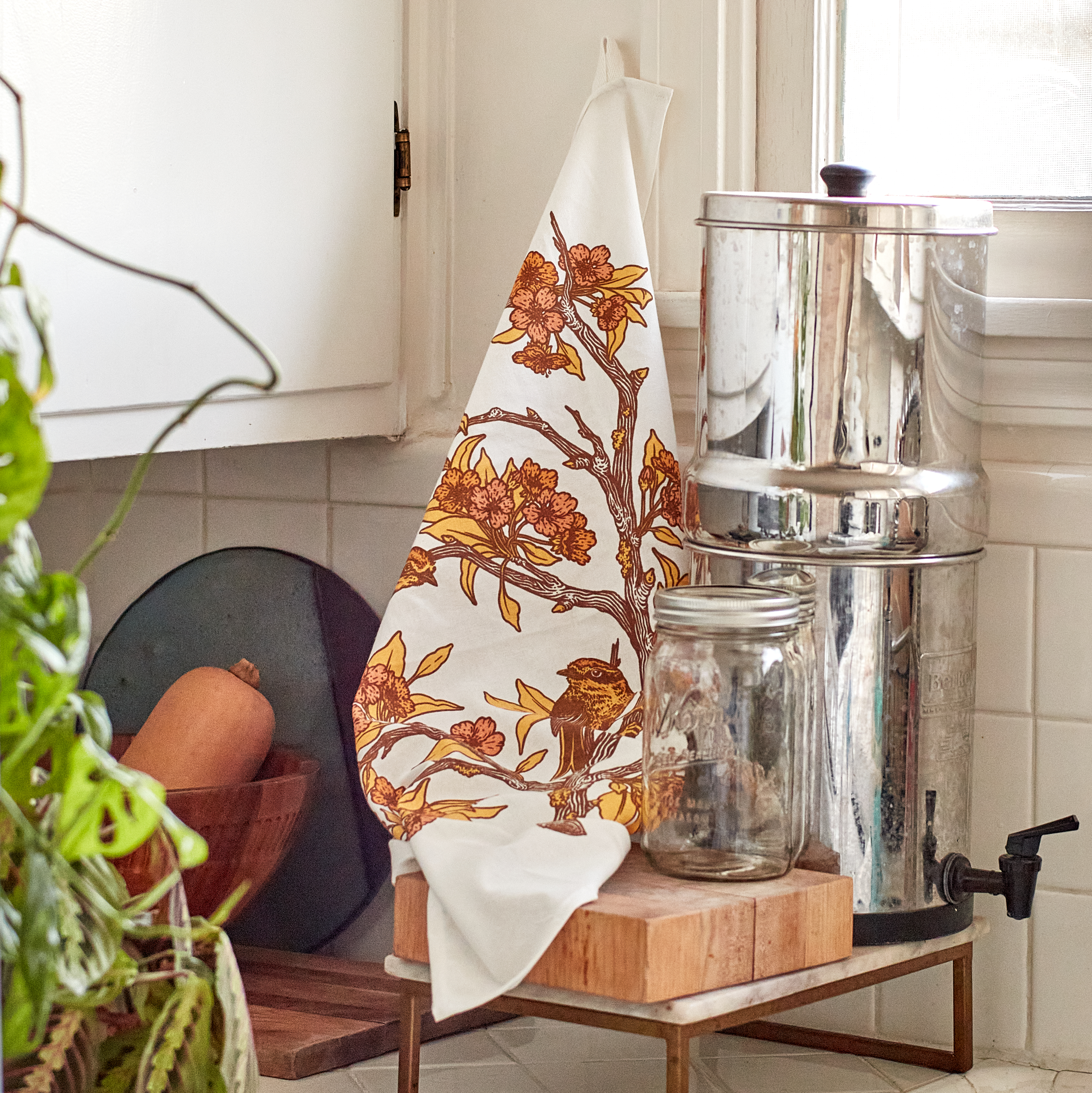 Mustard Beetle - Wholesale Tea Towel - Tea Towel: Palm Warbler & Plum Blossoms2